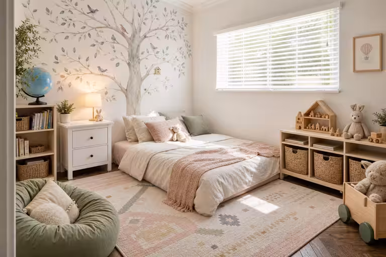 Modern Scandinavian kids bedroom with woodland mural, blush bedding, woven storage baskets, and soft sage accents