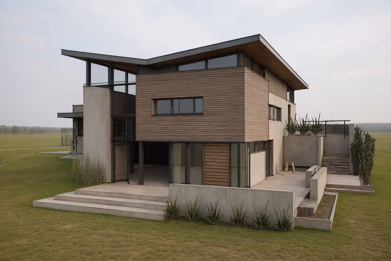 Contemporary house exterior with wood cladding, concrete walls, expansive glass windows, and minimalist landscaping