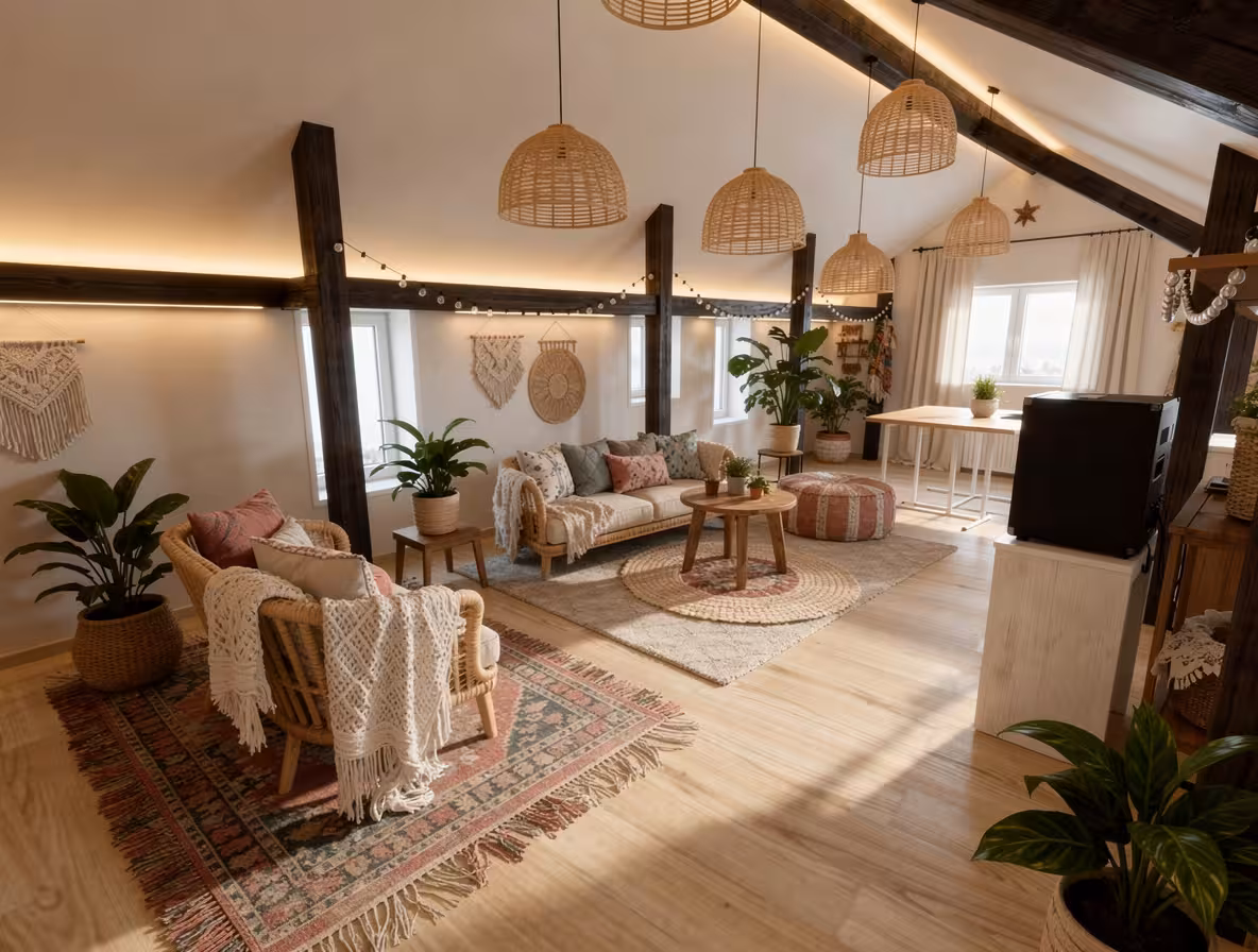 Bohemian living room with rattan pendant lights, exposed wood beams, woven furniture, layered rugs, and warm neutral tones