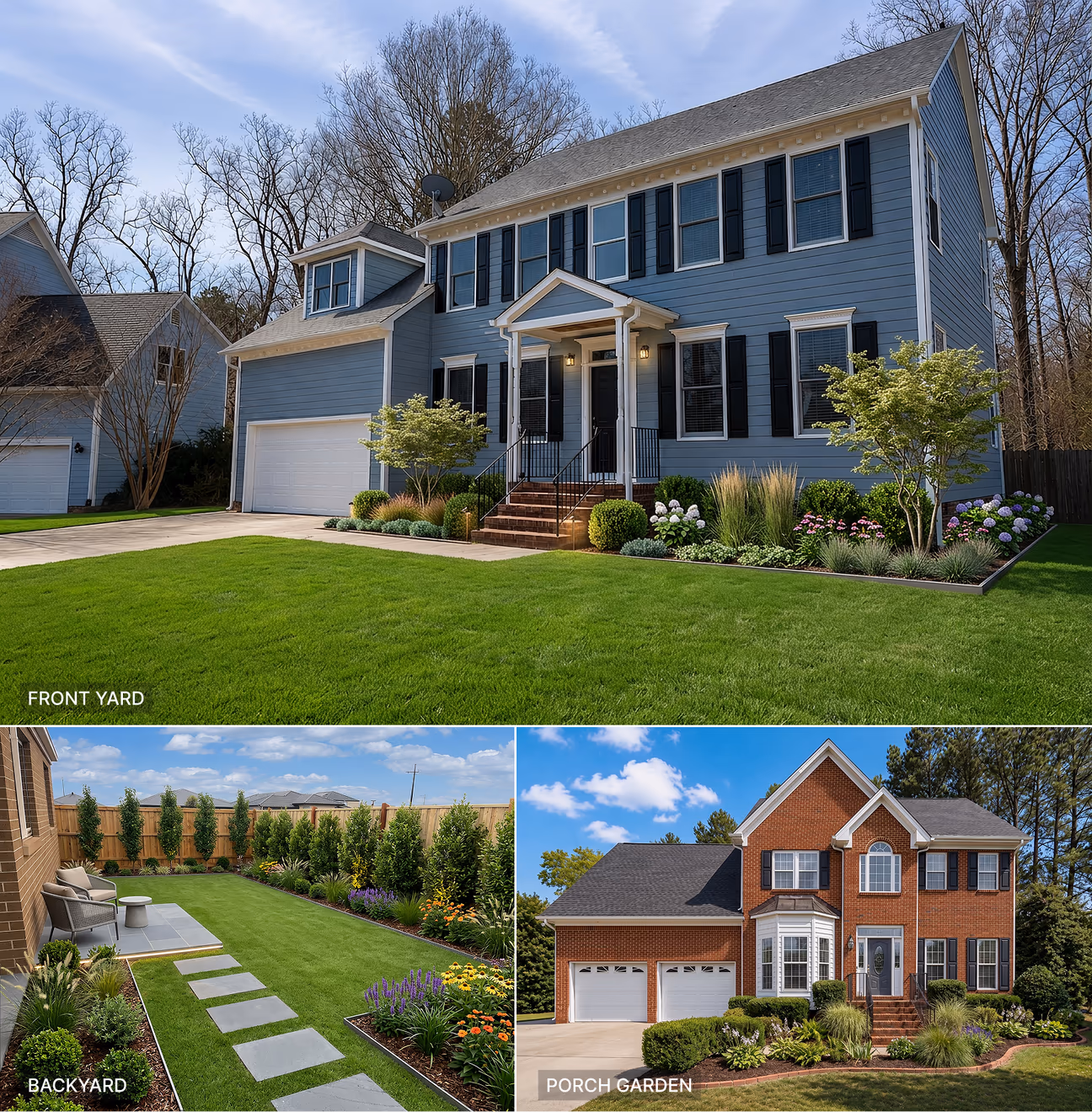 Collage of Dehome generated front yards and backyard