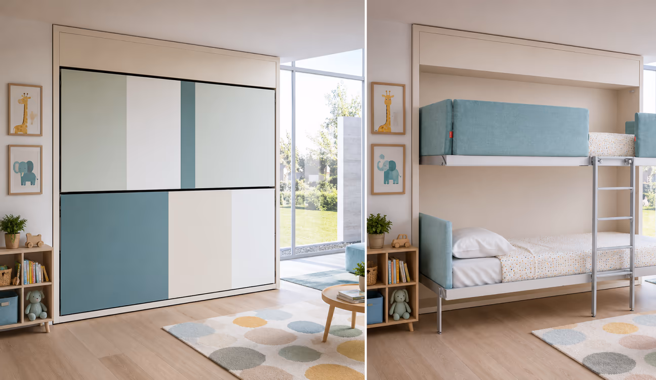 Side-by-side comparison of a modern kids' room with a space-saving Murphy bunk bed system. The left image shows the bunk beds folded up into a sleek wall cabinet with playful blue-and-white panels, creating an open play area. The right image shows the Murphy bunk beds folded down with upholstered blue safety rails, a built-in ladder, white patterned bedding, and child-friendly décor, transforming the room into a functional shared bedroom.