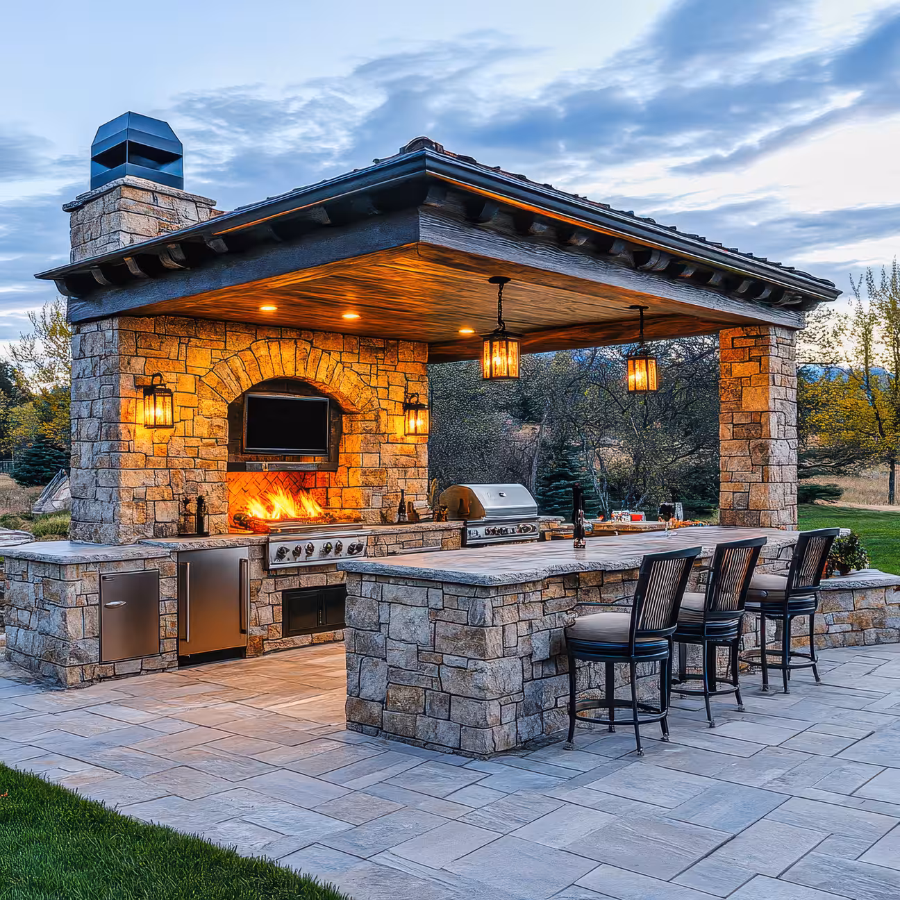 Covered outdoor kitchen with stone structure, built-in grill, fireplace, bar seating, and overhead lighting in a backyard patio.