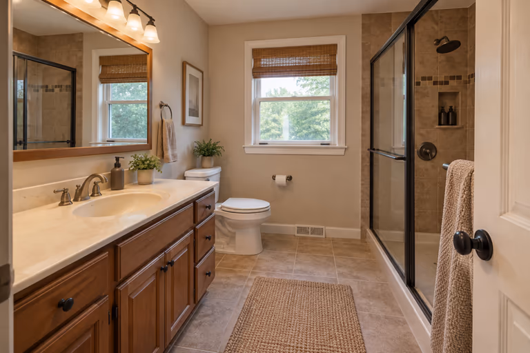 bathroom with wooden vanity, toilet, glass shower and window