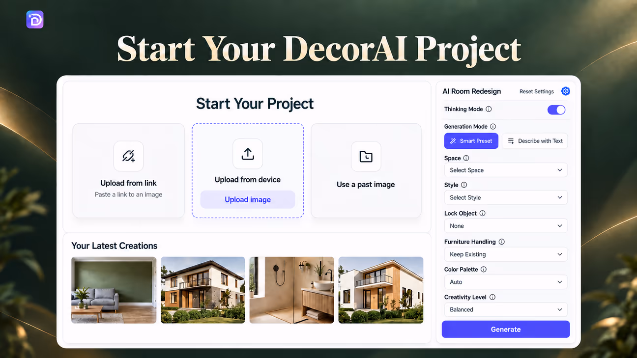 decorai room redesign interface showing image upload options, thinking mode, and design settings