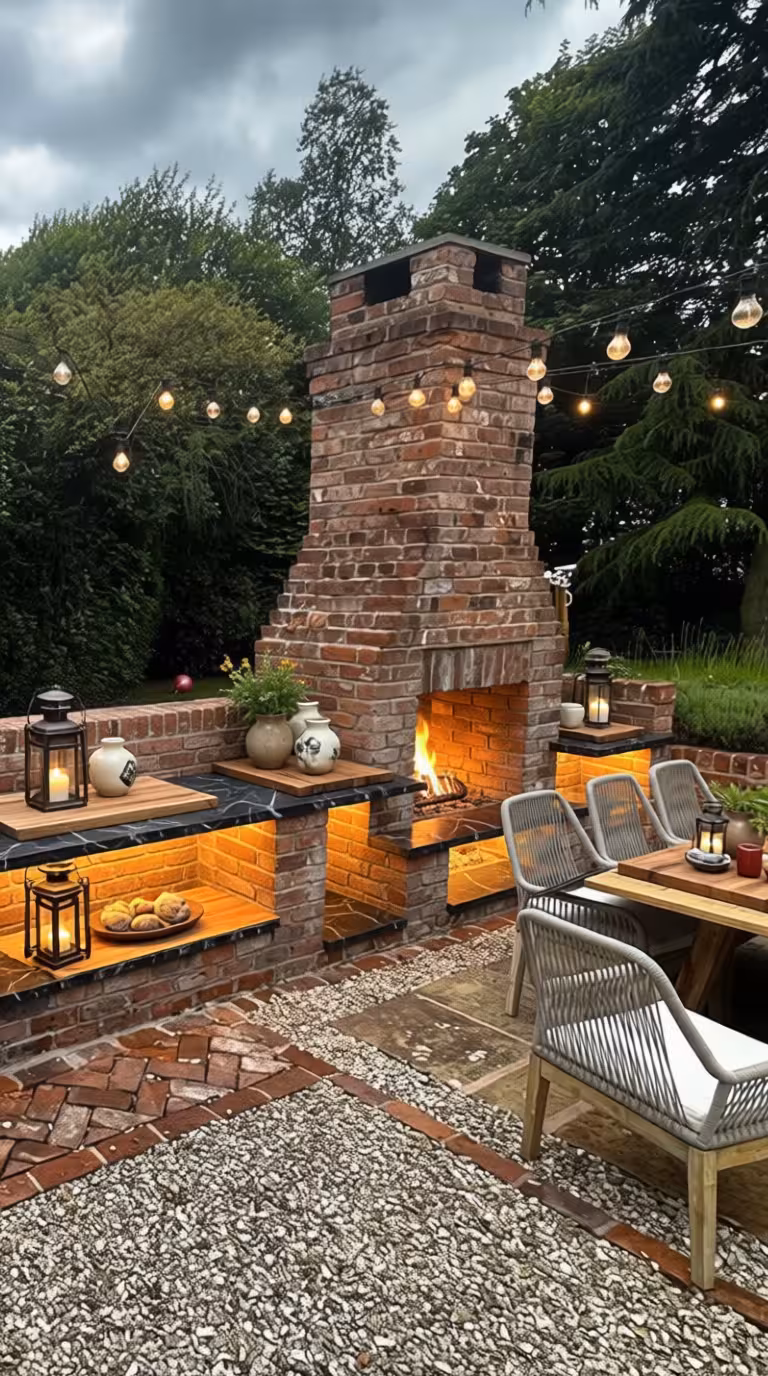 A Rustic Mediterranean outdoor patio with brick fireplace, string lights, seating, wooden table, lanterns, and warm ambient lighting surrounded by lush greenery.