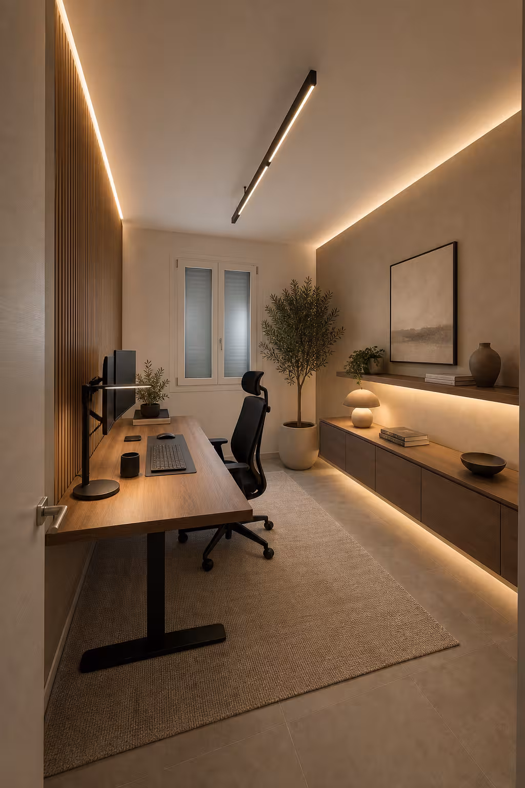 Modern minimalist home office with warm wood accents, ambient lighting, and sleek executive workspace styling