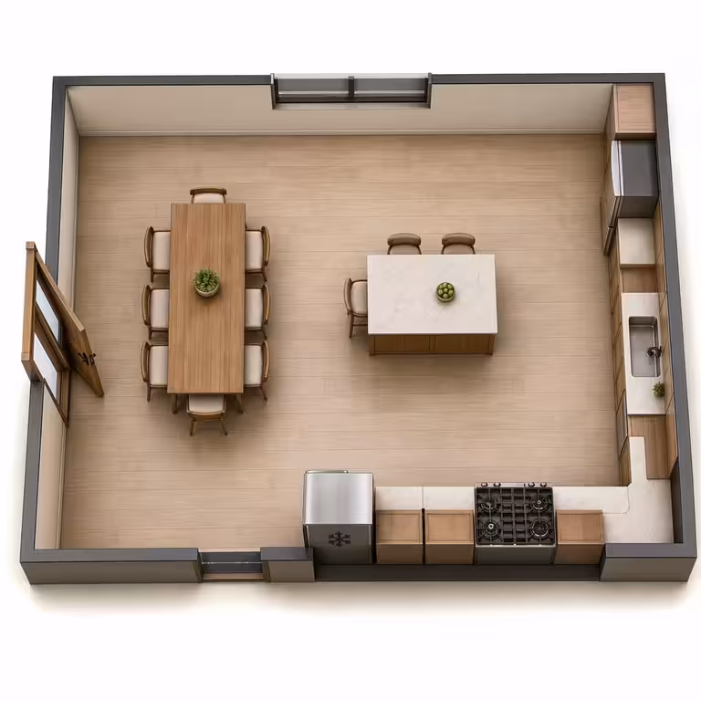 A 3D top-down kitchen floor plan showing a rectangular room with a dining table, central island with seating, perimeter cabinets, sink, stove, refrigerator, wood flooring, windows, and double doors.