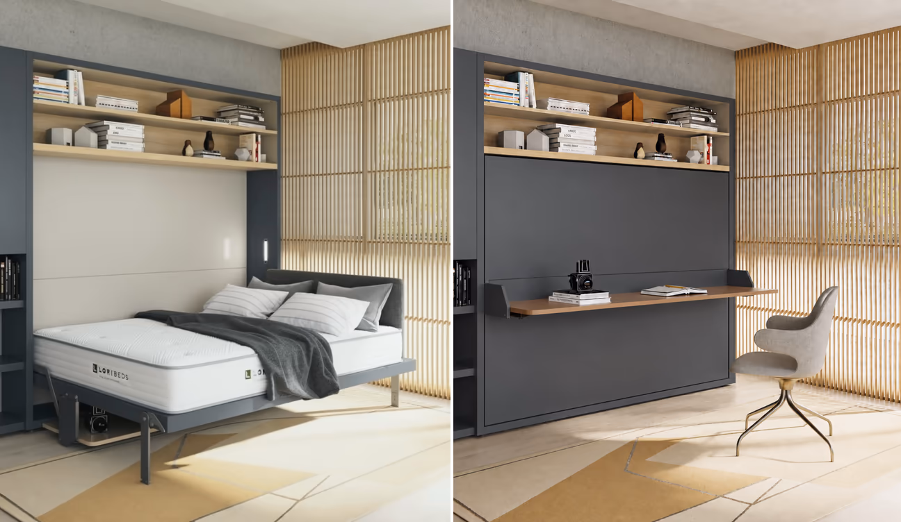 Side-by-side view of a modern multifunctional Murphy bed room. The left image shows the wall bed folded down with a white mattress, gray upholstered headboard, built-in shelving, and warm wood slat accent wall. The right image shows the same room with the Murphy bed folded up into a sleek dark gray cabinet, revealing a floating wood desk and upholstered swivel chair for a compact home office.