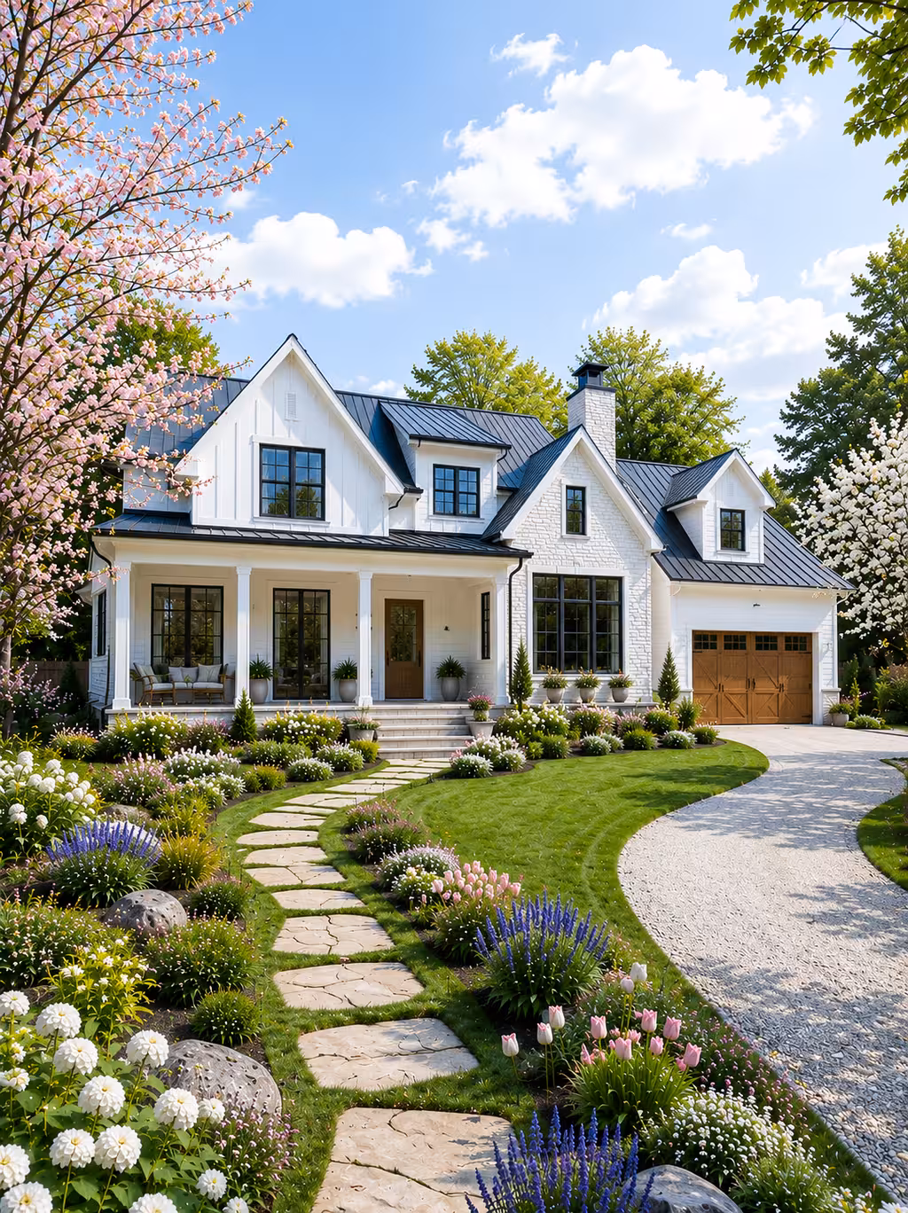 White modern farmhouse with a dark metal roof and wooden garage doors, a curving flagstone stepping path through beds of white hydrangeas, purple salvia, and pink tulips beneath a blooming pink cherry blossom tree