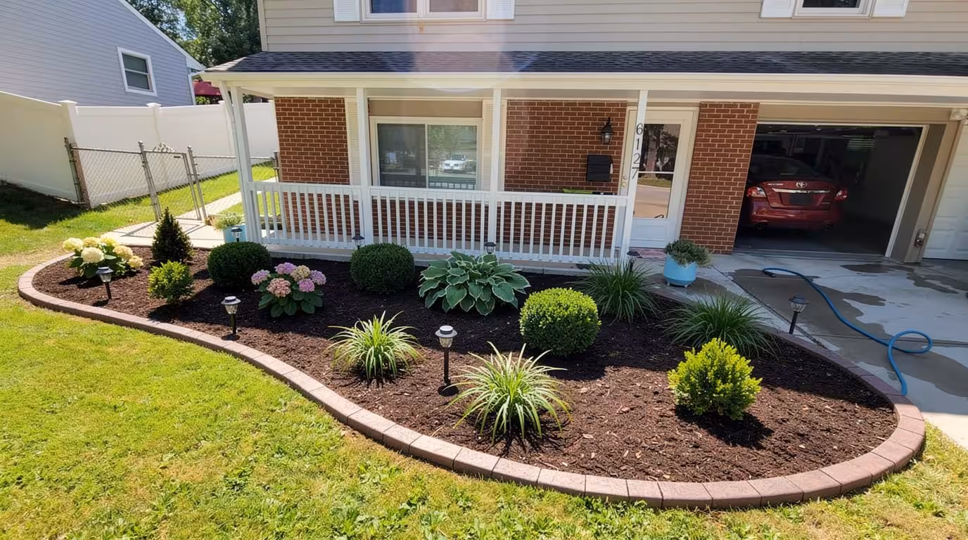 Front yard with curved mulch border, trimmed shrubs, ornamental grasses, and foundation landscaping