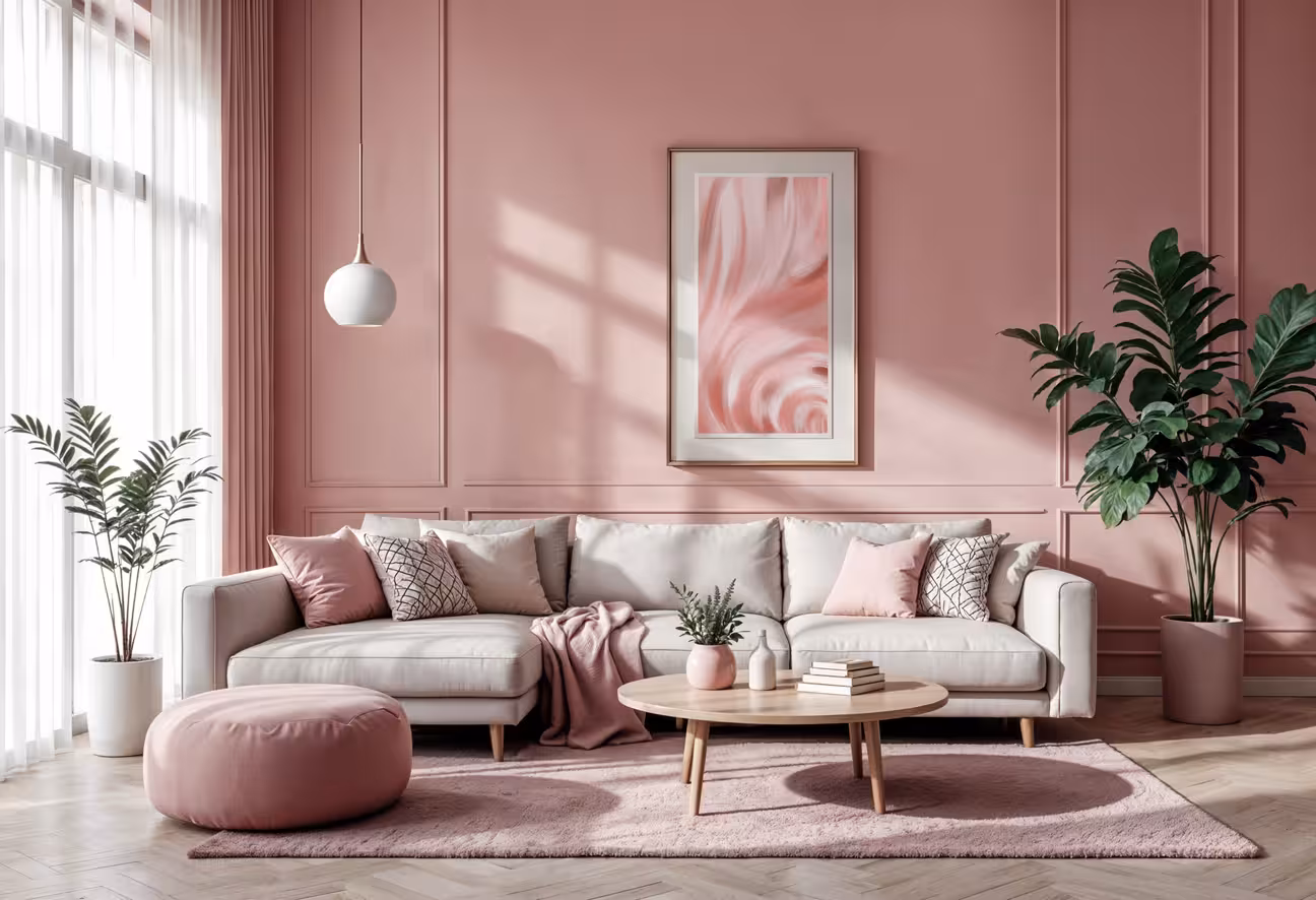 Modern living room with blush pink walls, neutral sofa, round coffee table, and soft pastel decor