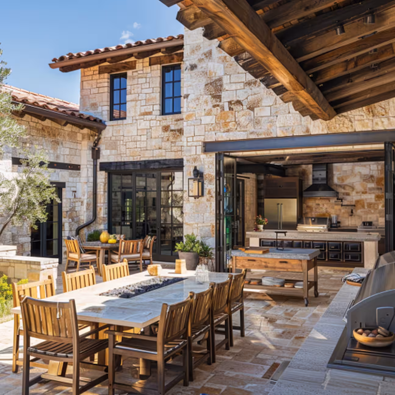 Mediterranean outdoor kitchen with stone walls, open-air layout, dining table, and built-in cooking area connected to the home.