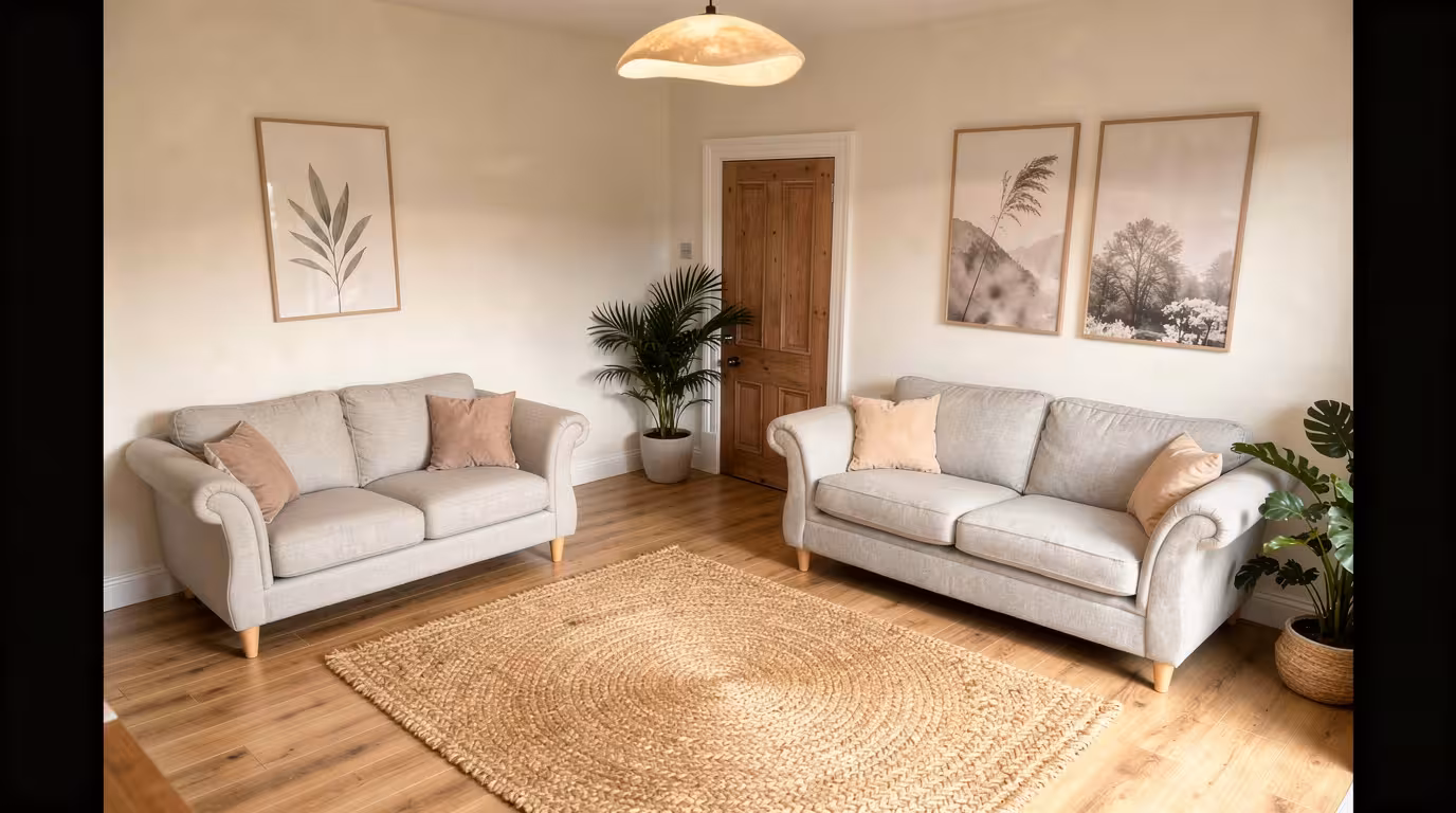 Scandinavian living room with neutral sofas, jute rug, wood flooring, and minimalist decor.