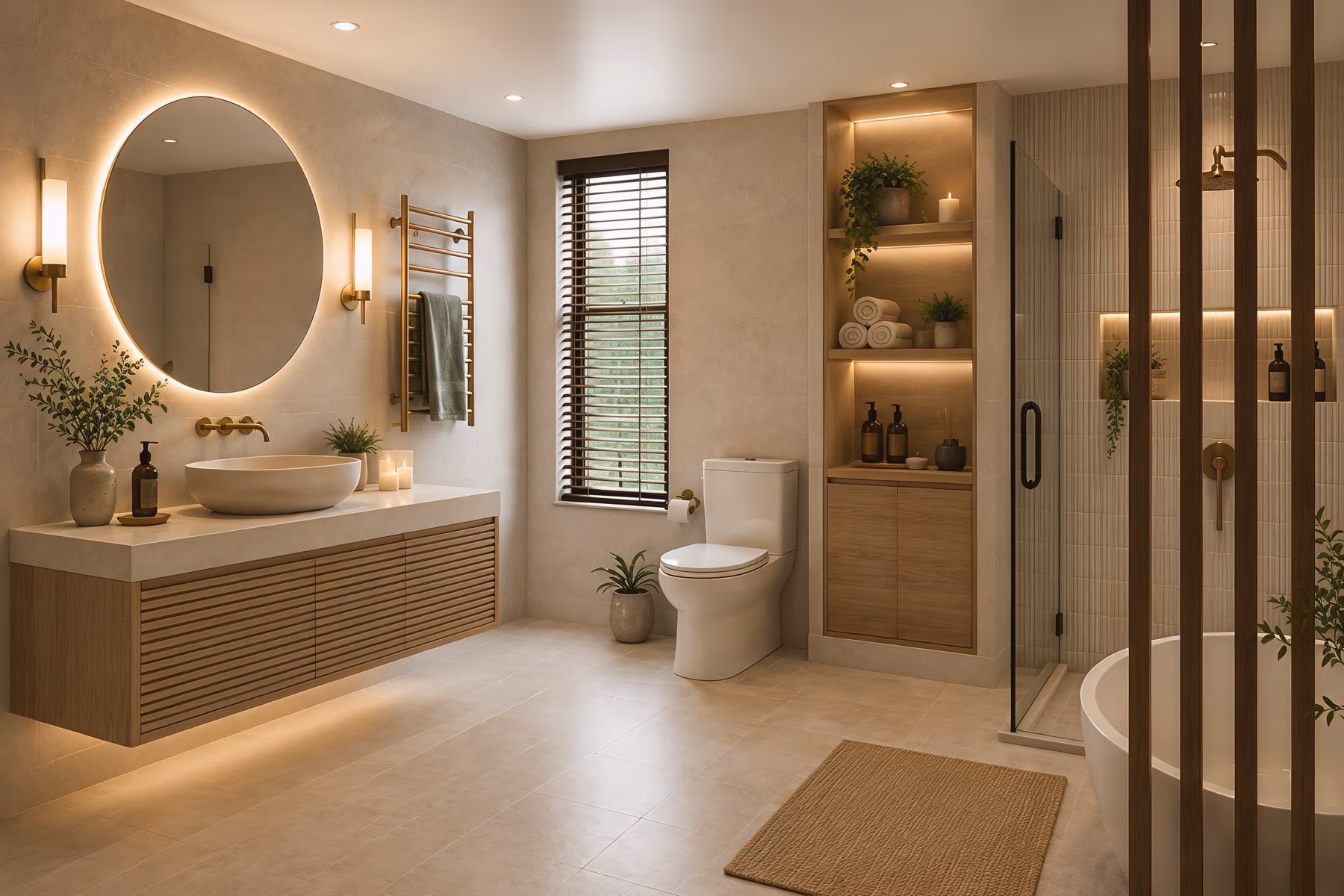 Spa style bathroom with beige stone tiles, a floating slatted wood vanity, a round backlit mirror, brass taps and a walk-in shower beside a freestanding tub