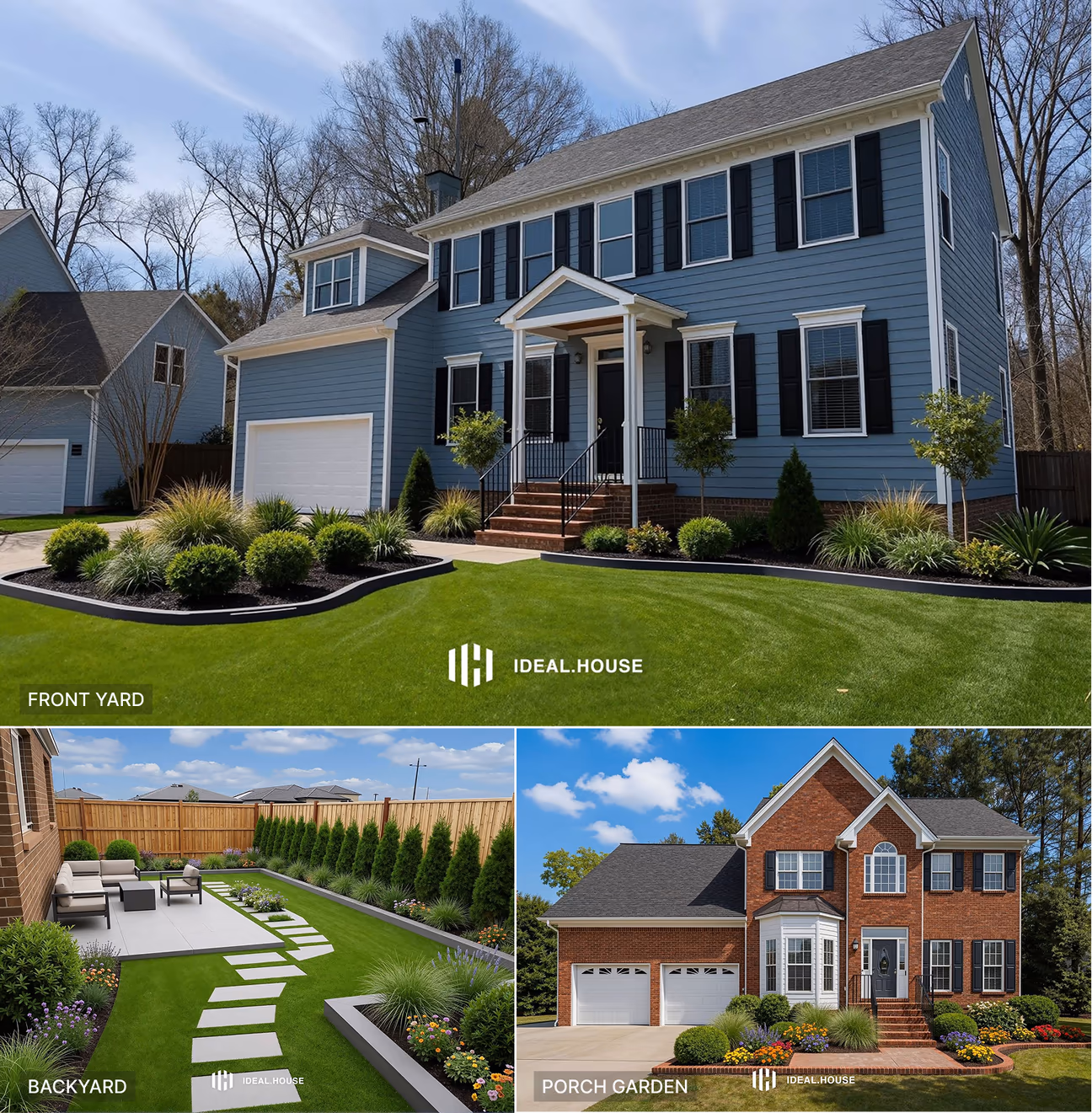 Collage of Ideal House generated front yards and backyard