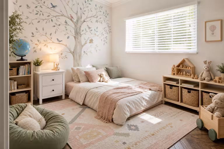 Modern Scandinavian kids bedroom with woodland mural, blush bedding, woven storage baskets, and soft sage accents