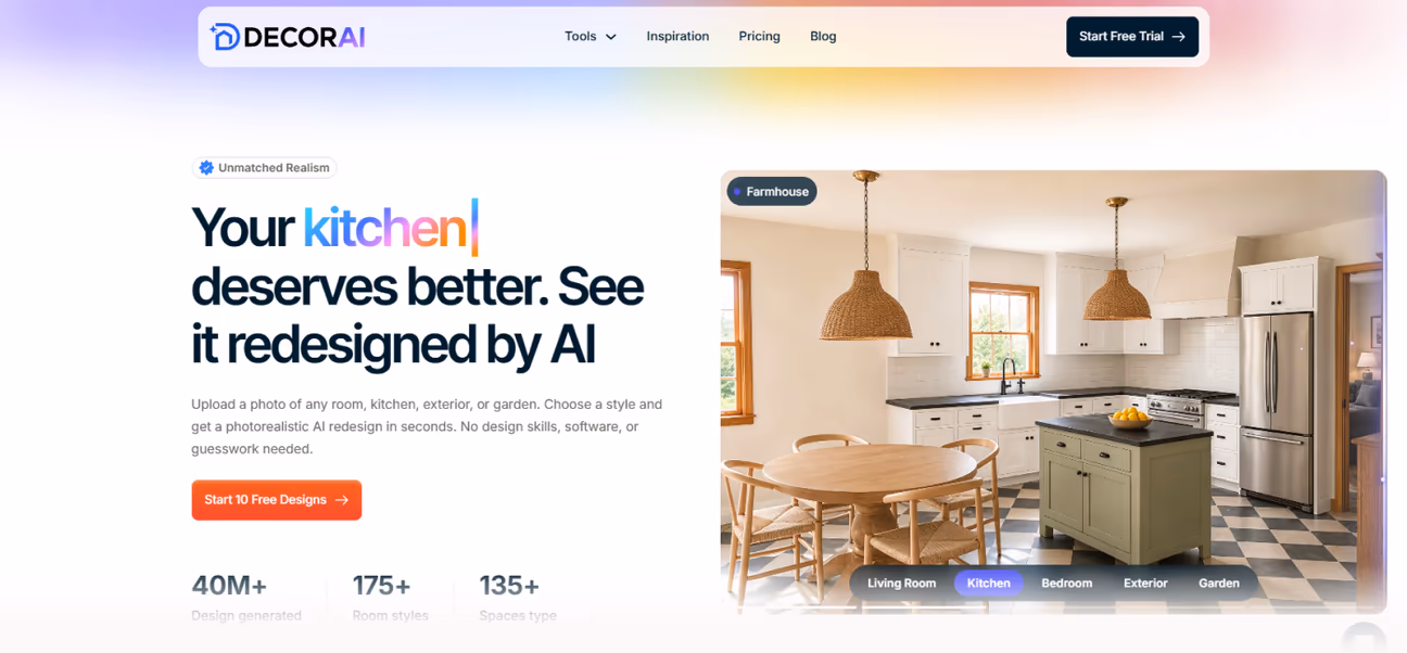 Screenshot of landing page of decorai.io