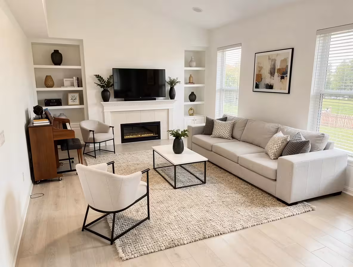 Modern minimalist living room with neutral sofa, built-in shelving, fireplace, textured rug, and contemporary decor.