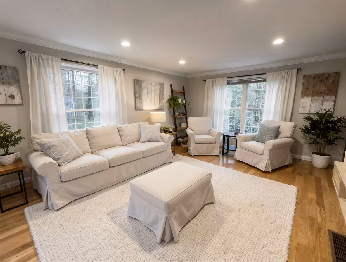 Contemporary living room with neutral beige tones, featuring a large sofa, two armchairs, white textured rug, wooden floors, natural light, and minimalist decor.
