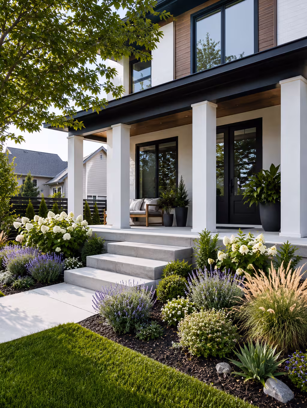 Modern farmhouse front porch with white columns, layered lavender and hydrangea garden beds flanking concrete steps, and a manicured green lawn with dark mulch borders