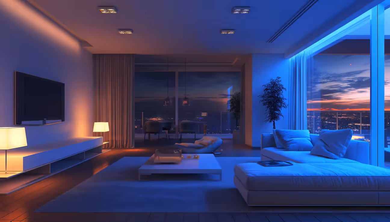 Modern living room at night with city view, ambient blue lighting, sectional sofa, and floor-to-ceiling windows