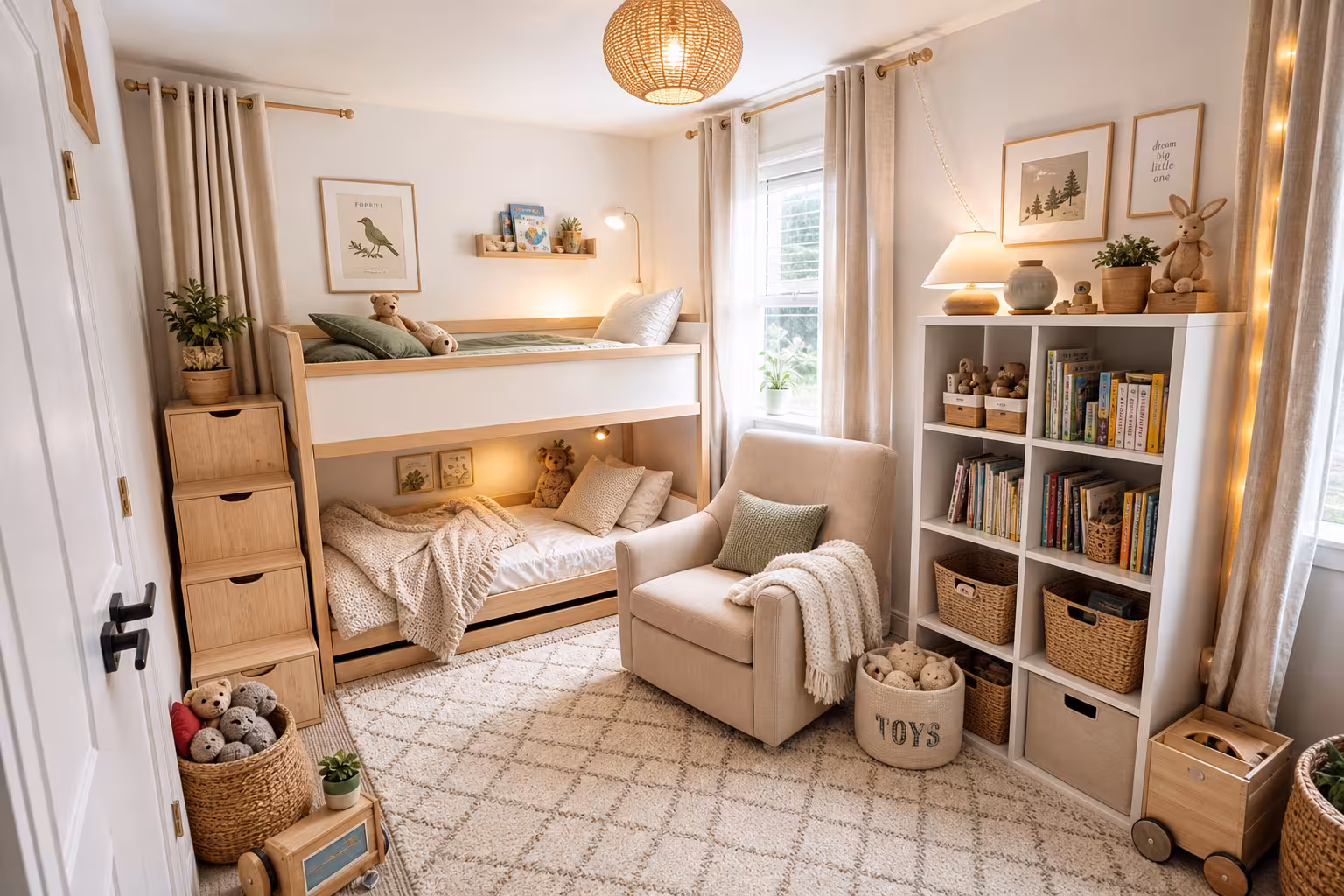 Modern Scandinavian kids bedroom with storage bunk stairs, armchair, woven baskets, rattan pendant, and stuffed toys