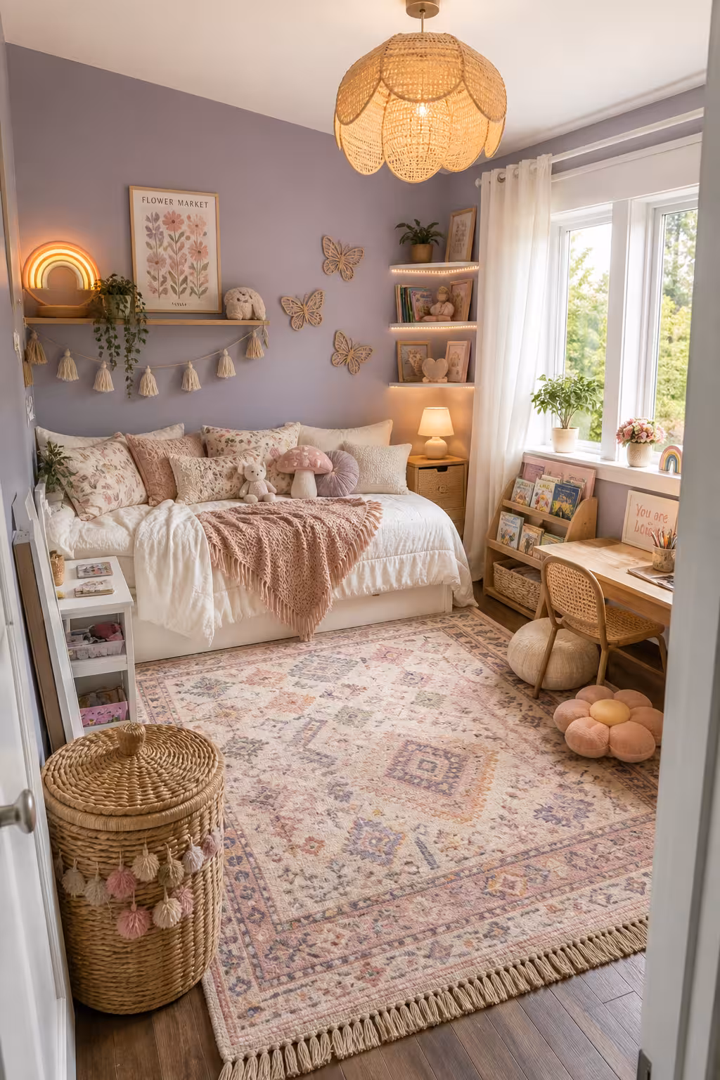 Bohemian kids bedroom with lavender walls, layered bedding, woven decor, reading desk, and pastel patterned rug