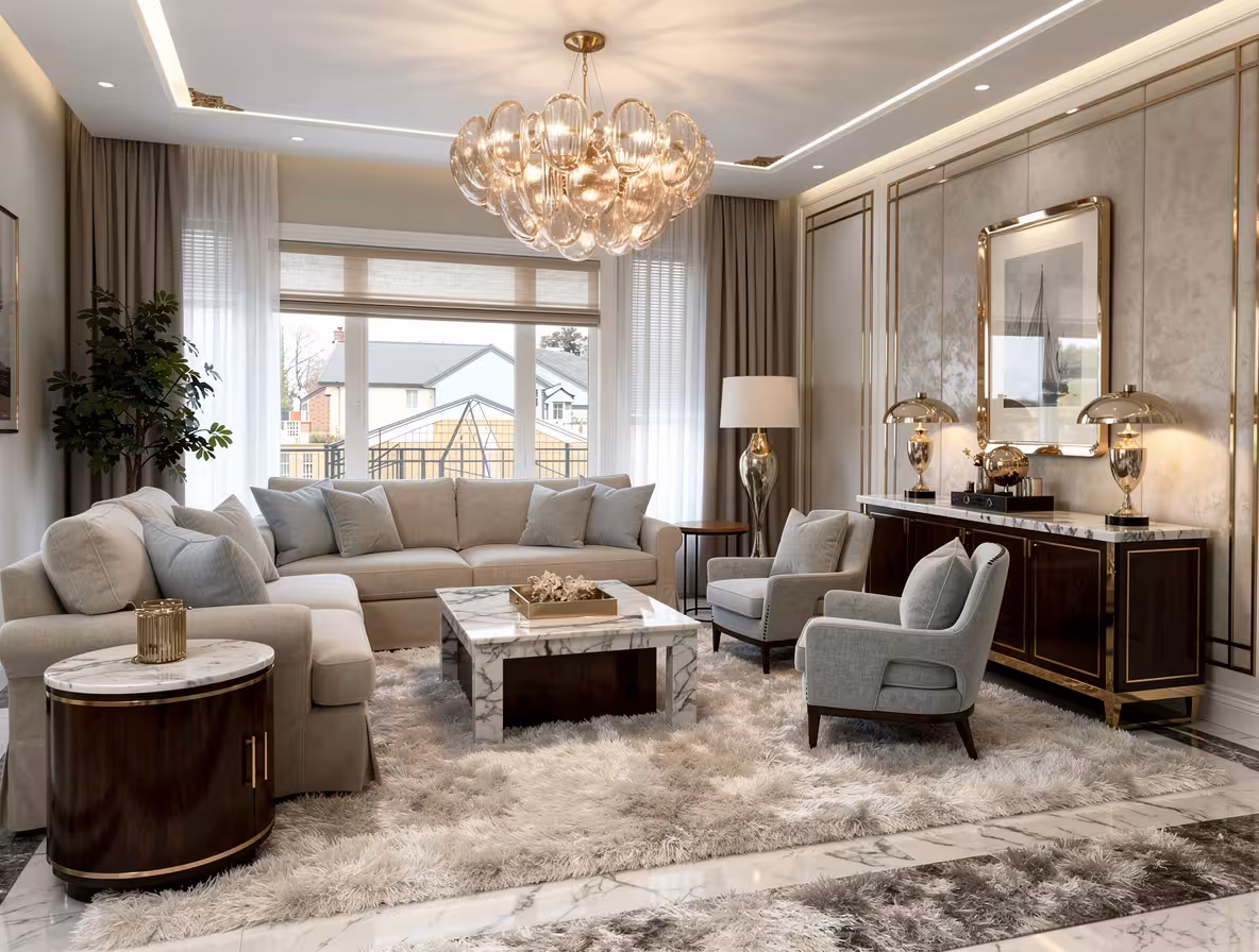Neo deco living room with marble accents, gold lighting, plush seating, and luxurious modern styling