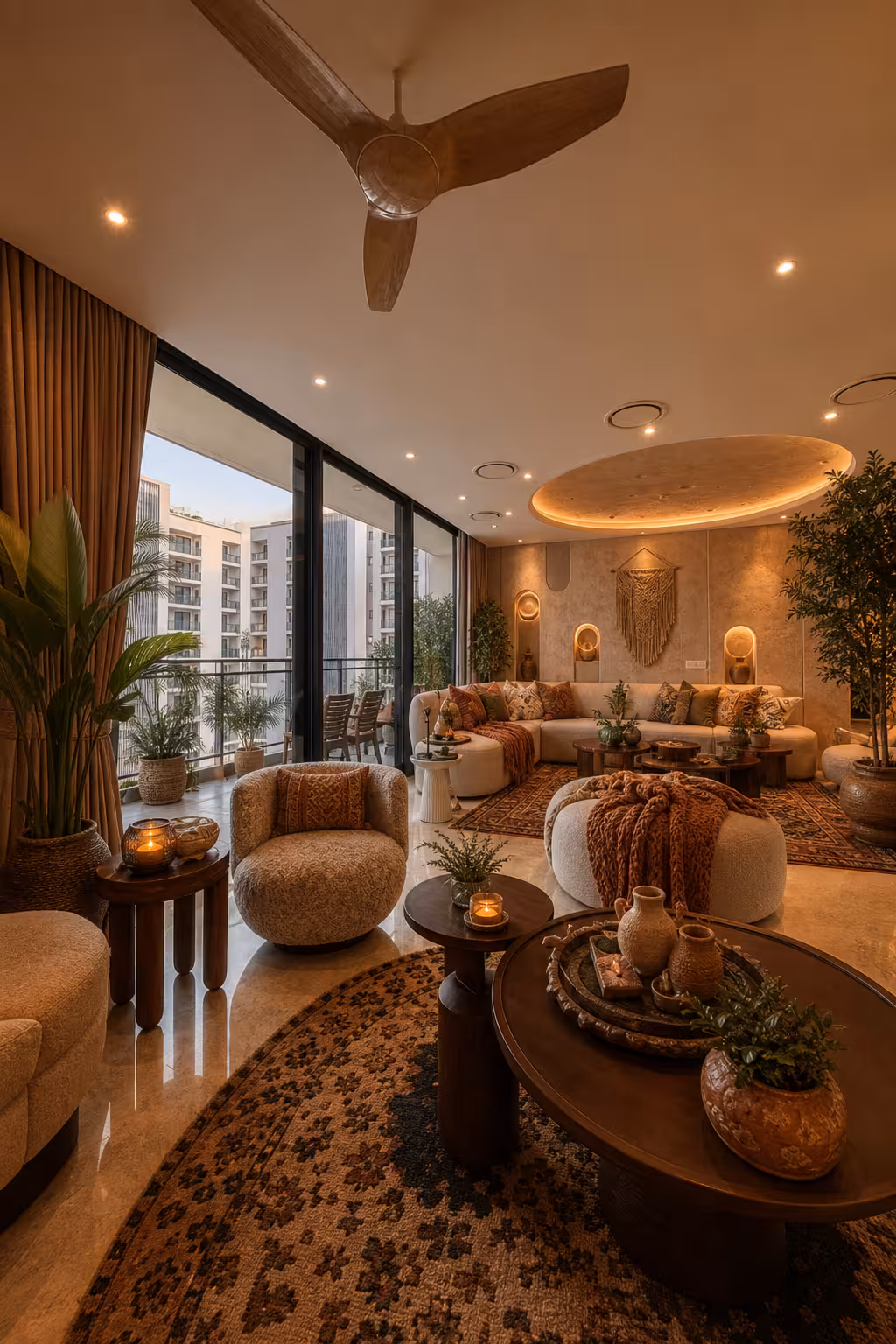 Bohemian apartment living room with warm earth tones, textured cushions, woven wall art, wooden furniture, lush plants, large windows, and warm ambient lighting.