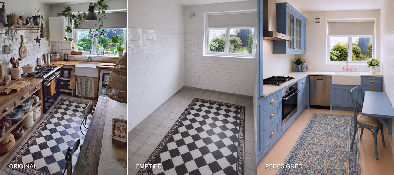 Before-and-after kitchen redesign showing an original rustic kitchen, an emptied space, and a redesigned blue-and-white kitchen with a farmhouse sink, stainless-steel appliances, wood flooring, and a patterned runner rug.