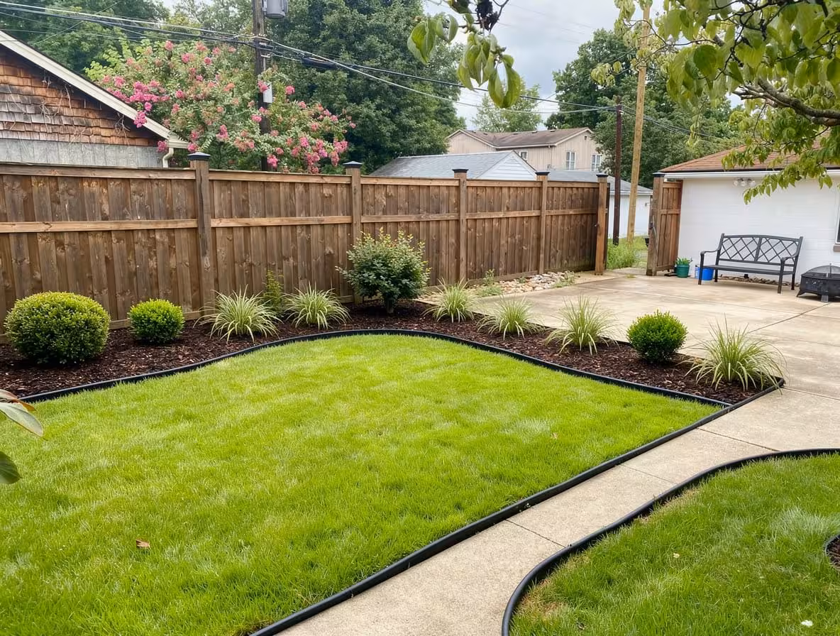 Southern backyard with curved lawn edging, mulch beds, ornamental grasses, and manicured green lawn