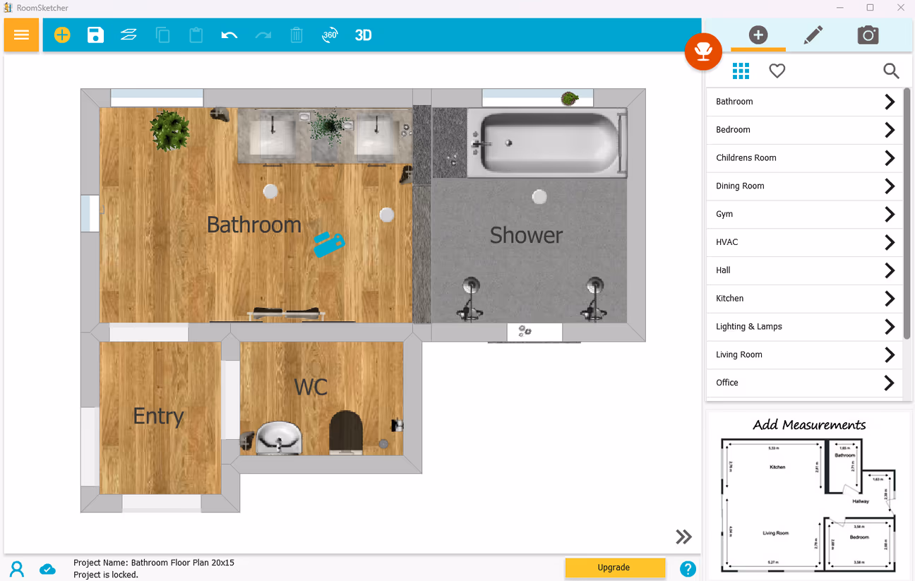 creador de planos roomsketcher mostrando la distribución detallada de un baño