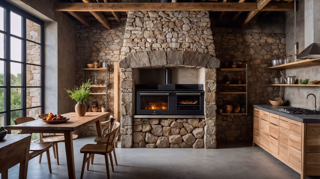Wood and stone outdoor cooking space with concrete countertop, built-in grill, open shelving, and minimalist modern design