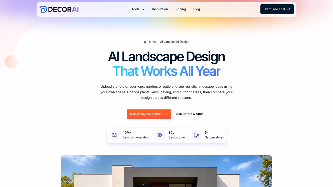 Screenshot of DecorAI AI landscape design page