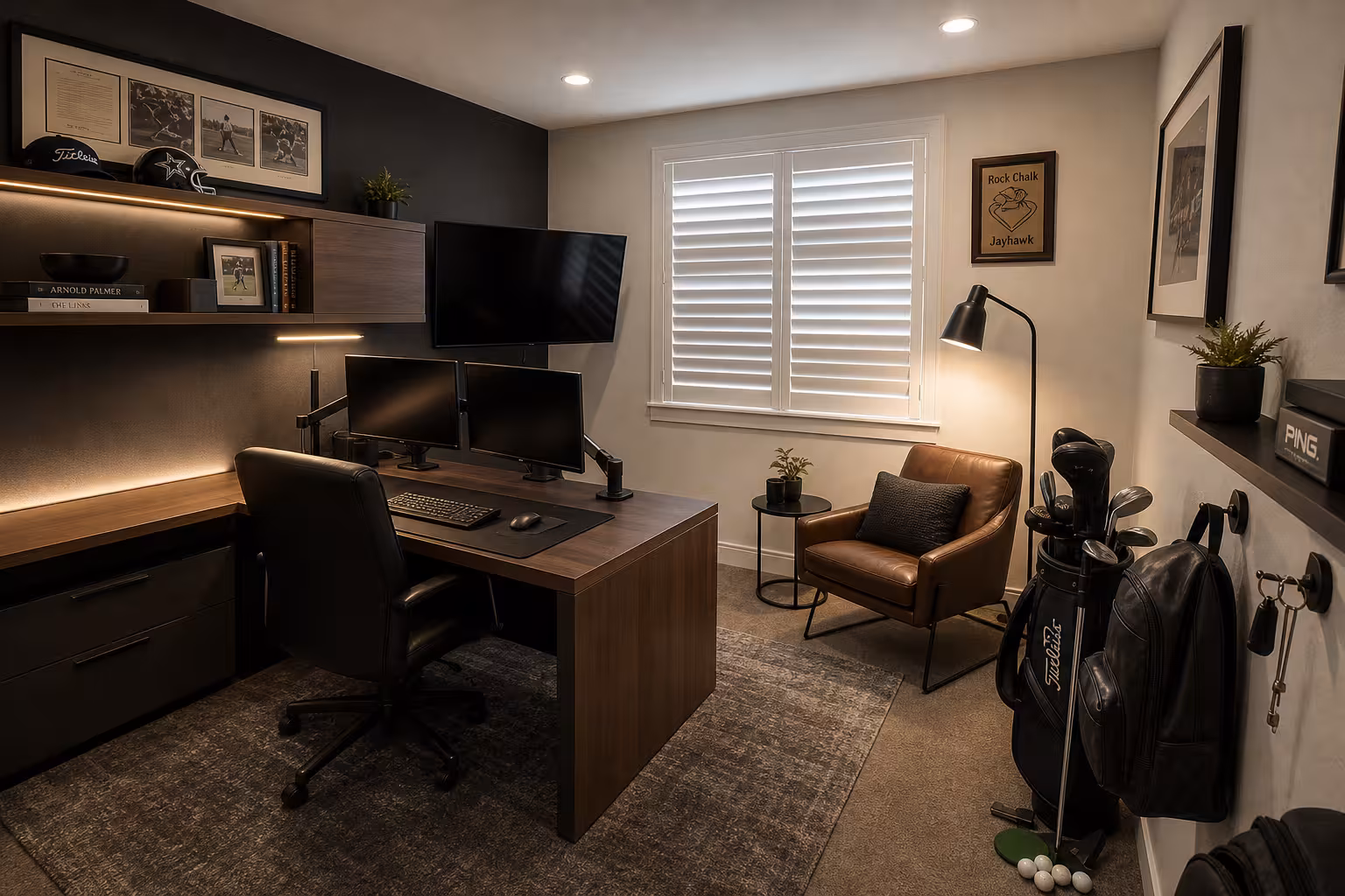 Modern minimalist home office with walnut desk, warm lighting, and masculine lounge styling