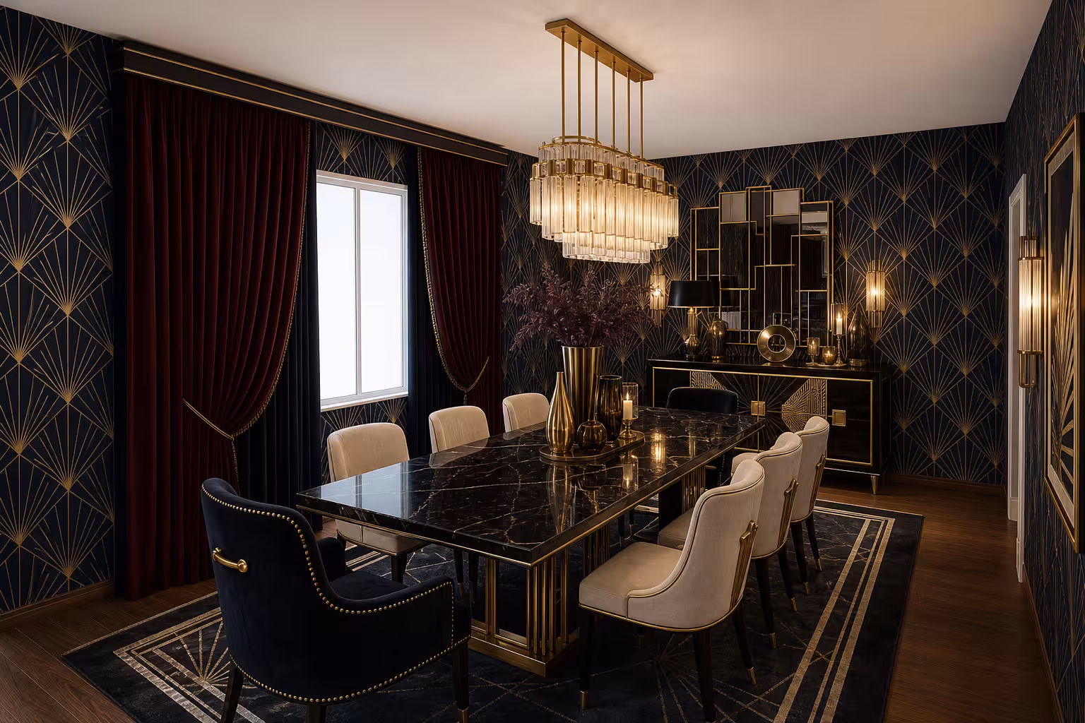 Art Deco dining room with black marble dining table, velvet chairs, gold accents, and geometric wallpaper