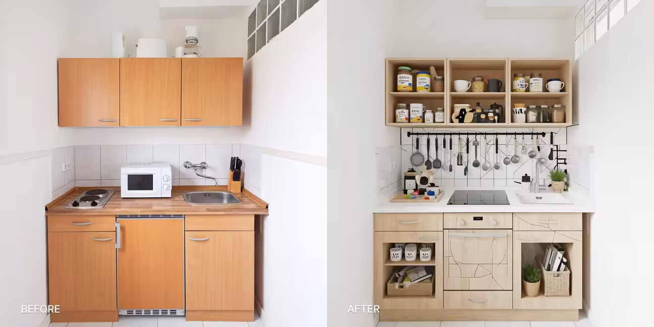 Before: a plain, unstyled small kitchen with no clear aesthetic, mixed hardware, and no visual coherence. AFTER: the same kitchen redesigned in a Japandi direction: light wood flat-panel cabinets, a warm terracotta backsplash tile, matte black hardware, and a clean quartz countertop. AI-transformed with DecorAI