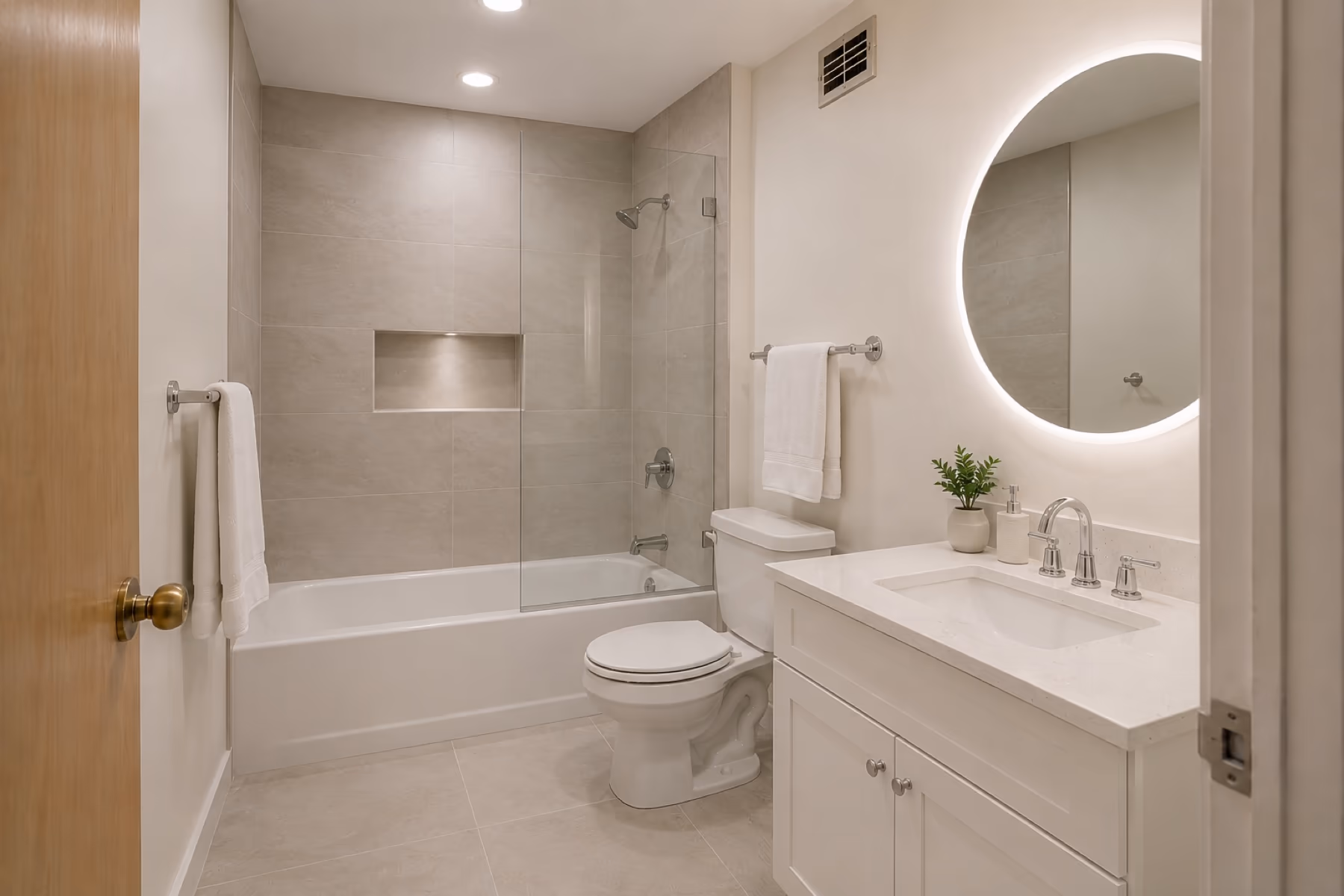 The same bathroom after a midrange remodel, with large format grey tile, a glass shower screen, a quartz topped vanity and a round backlit mirror