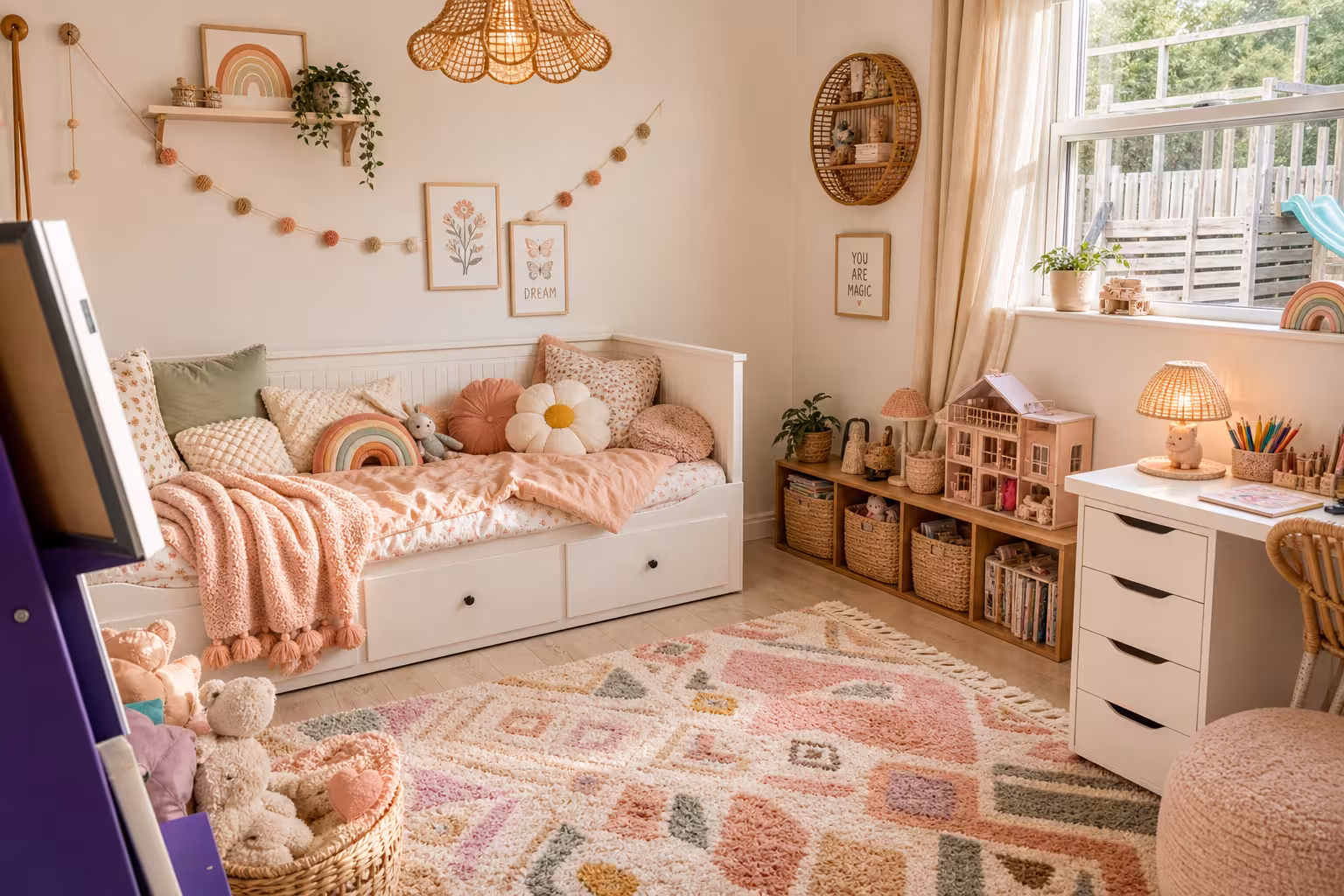 Boho kids bedroom with peach bedding, woven decor, dollhouse storage, and pastel patterned rug