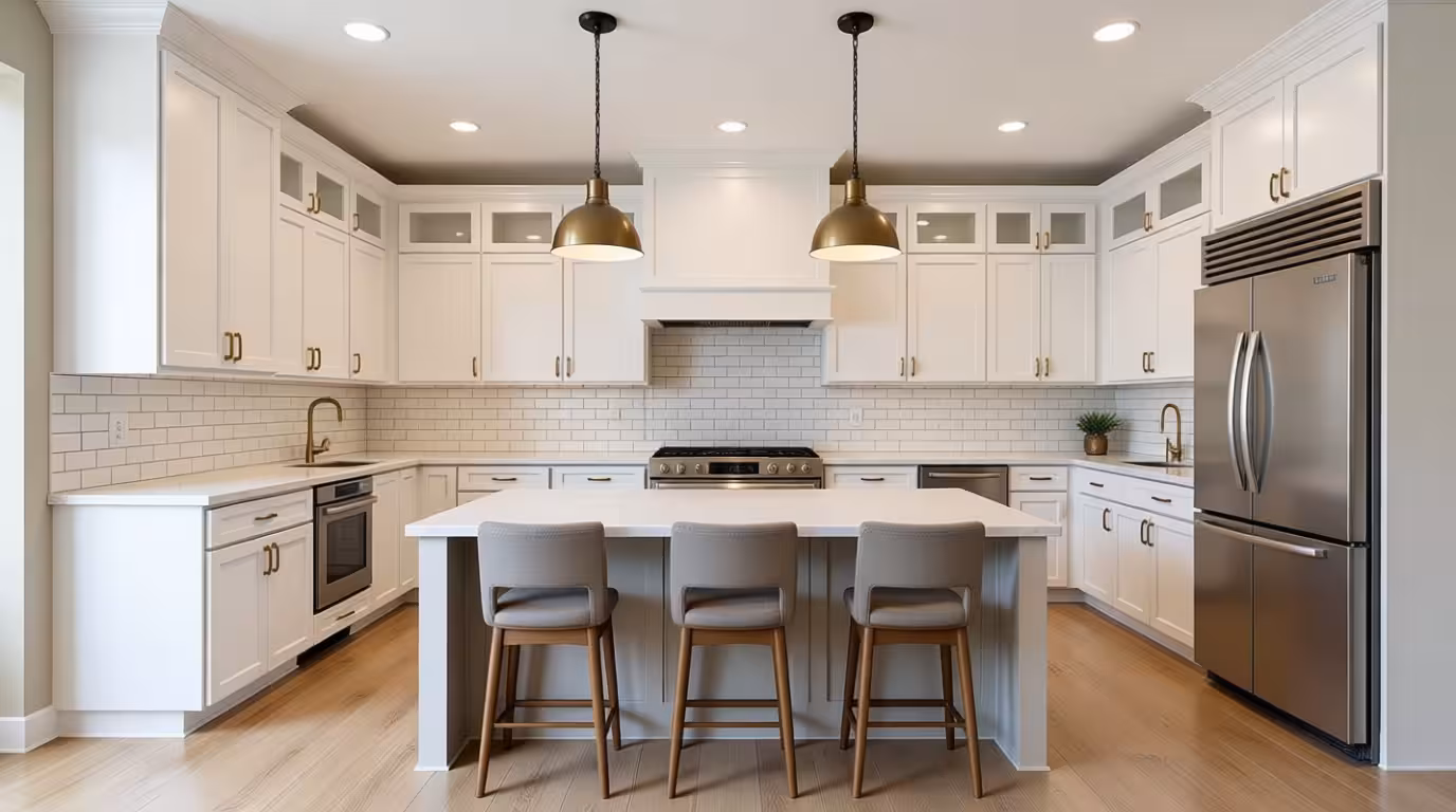 A modern island kitchen with white shaker cabinets, subway tile backsplash, brass fixtures, stainless steel appliances, large island with gray stools, warm wood flooring, and soft pendant lighting.