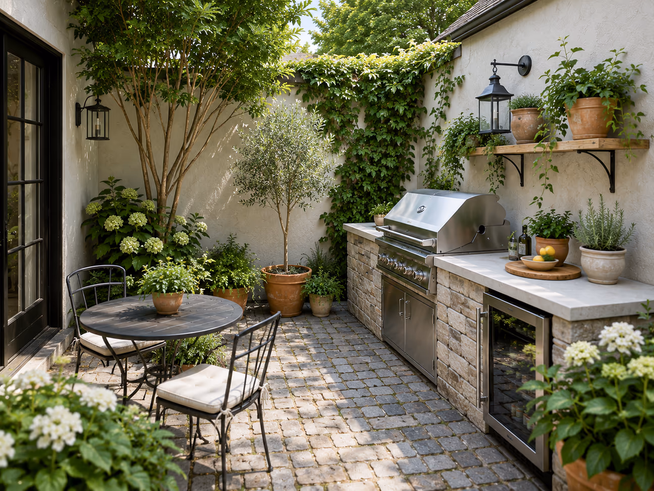 Compact courtyard outdoor kitchen with a built in grill, beverage fridge, stone countertops, café seating, and lush potted greenery.