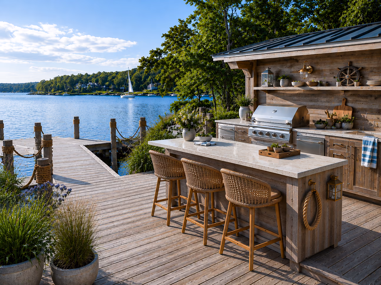 Lakeside outdoor kitchen with a weathered wood island, built-in grill, waterfront dock, and rustic coastal design under bright natural daylight.