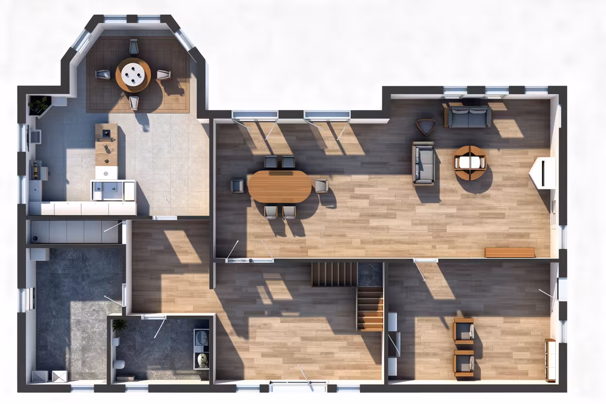 A 3D top-down floor plan of a home showing a modern layout with furnished living spaces. The design includes an eat-in kitchen with an island and breakfast nook, a dining area, formal living room with seating, additional family room, central staircase, bathroom, and utility spaces. Wood flooring, furniture placement, large windows, and natural light are visible throughout the rendered layout.