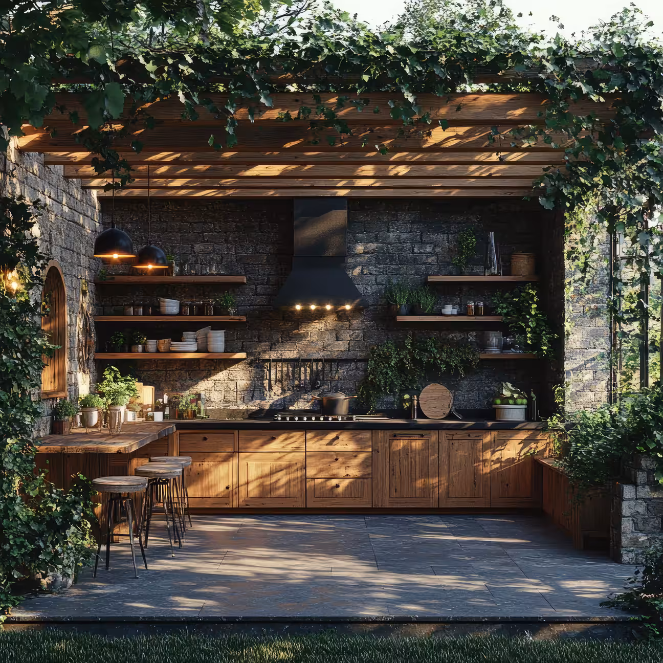 Rustic outdoor kitchen with wooden cabinetry, stone wall backdrop, open shelving, and pergola covered with vines