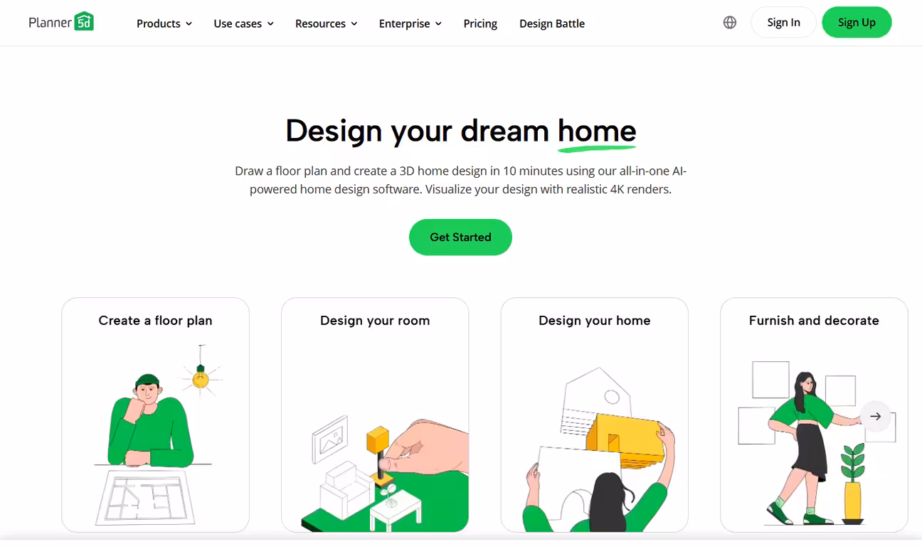 Planner 5D landing page screenshot showing a navbar with logo, menu items, CTA. A hero section with heading and a subheading with a CTA, An image slider showing cartoon illustration of persons and objects