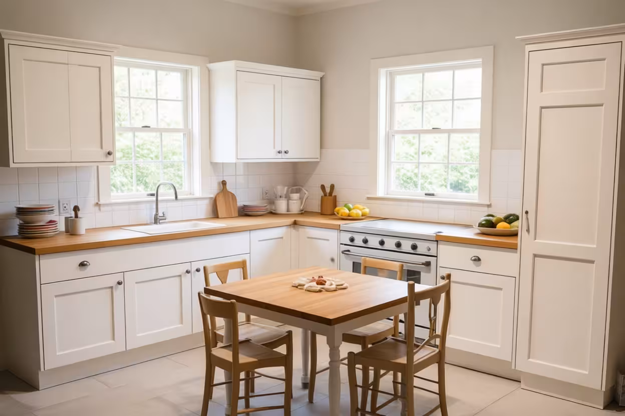 A bright modern farmhouse kitchen with white cabinetry, wooden countertops, a central wooden table with four chairs, natural light from two windows.