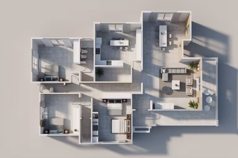 Realistic 3D floor plan render with furnished rooms, open living area, and modern interior layout.
