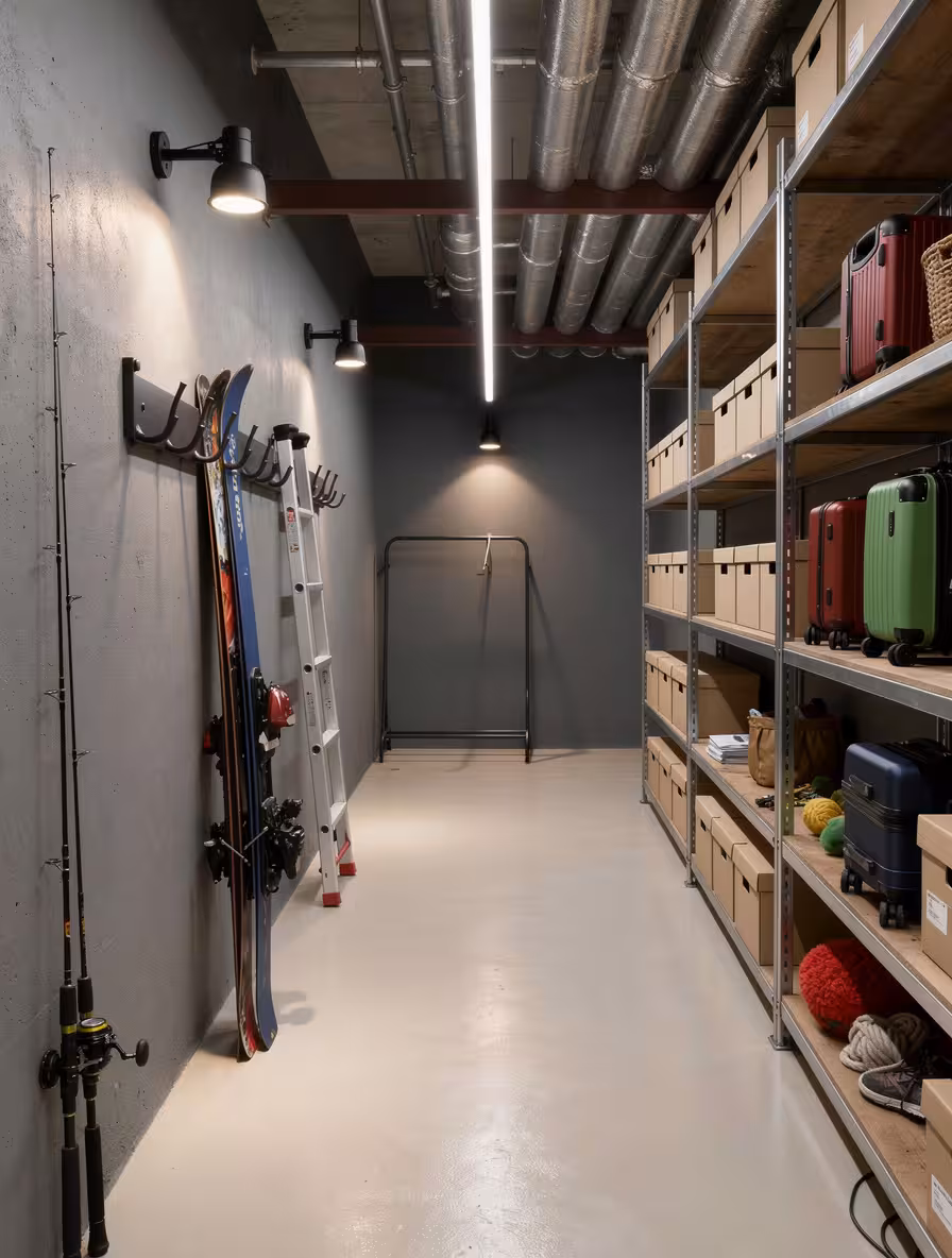 Industrial storage room with exposed ducts, metal shelving, organized storage boxes, skis, and utility lighting