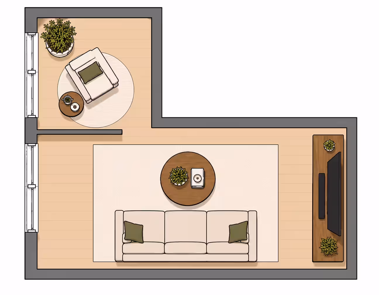 Top-down 2D floor plan of an L-shaped small living room with a sofa and TV in the main area, and a reading nook in the upper-left alcove with an armchair, side table, and window
