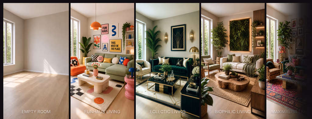 Side-by-side comparison showing an AI living room design transformation from an empty room into four distinct interior styles. From left to right: an unfurnished room with beige walls and light wood flooring, a colorful Funhaus living room with playful décor and bold accents, a luxurious Eclectic living room with emerald velvet furniture and gold details, a Biophilic living room filled with natural wood, lush greenery, and earthy textures, and an Art Maximalist living room featuring vibrant artwork, layered patterns, and richly decorated furnishings.